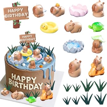 Capybara Cake Decoration Capybara Happy Birthday Cake Decoration Mini Cute Flowers Leaves Ducks Pond Water Pigs Decorative Birthday Ornaments for Birthday Cakes Baby Shower Party Items A-20 Pieces