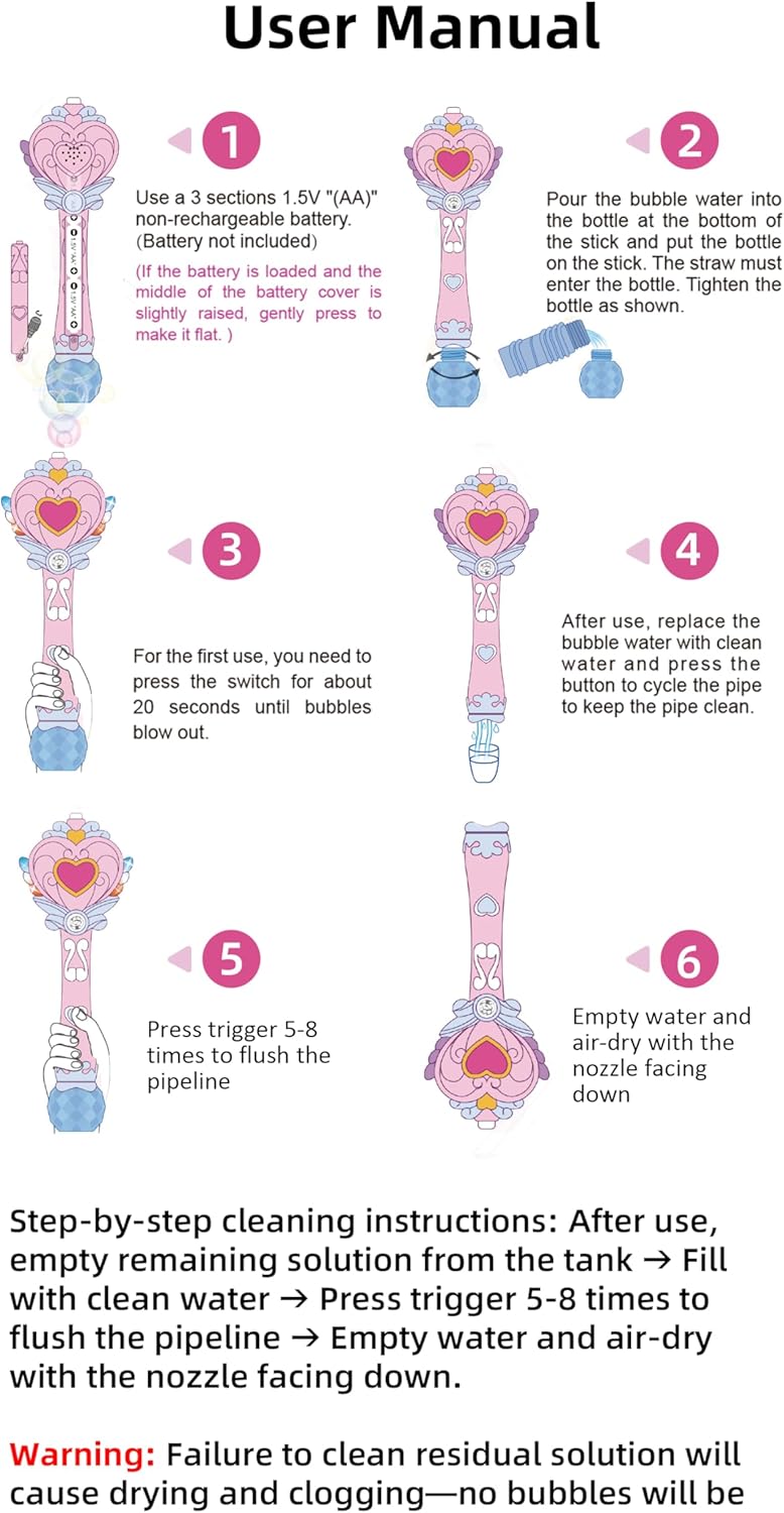 Toys for Girls: Princess Toy Bubble Wand, Birthday Gifts for 3 4 5 6 7 8 Years Old Girl, Bubbles Machine Fairy Wands for Kids Light Up with Bubble Solution, Toddler Girl Toys Age 4-5