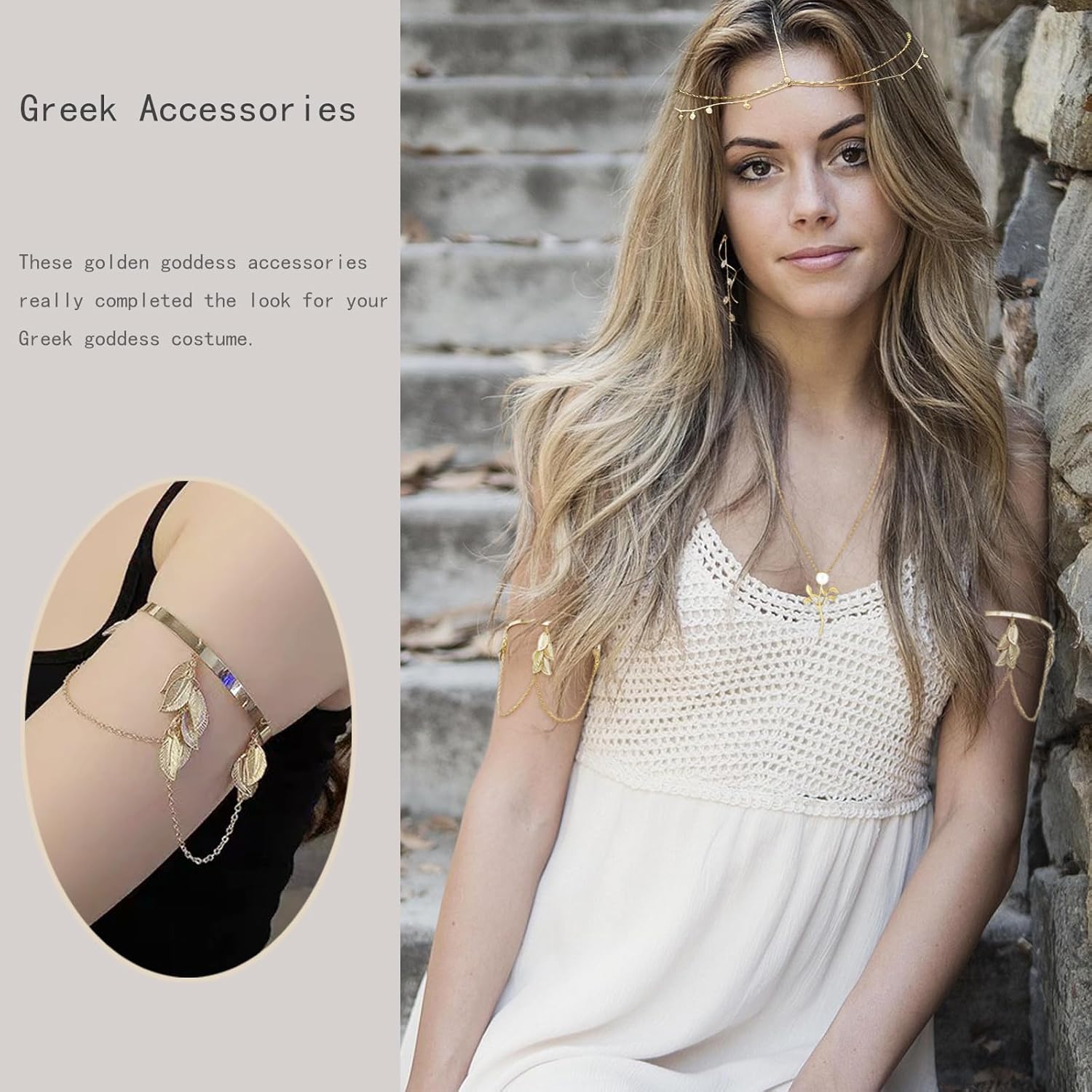 Greek Goddess Costume Accessories Set for Women Grecian Golden Laurel Leaf Headpiece Arm Cuff Bridal Wedding Earrings Halloween Roman Toga Costume Jewelry - Image 4