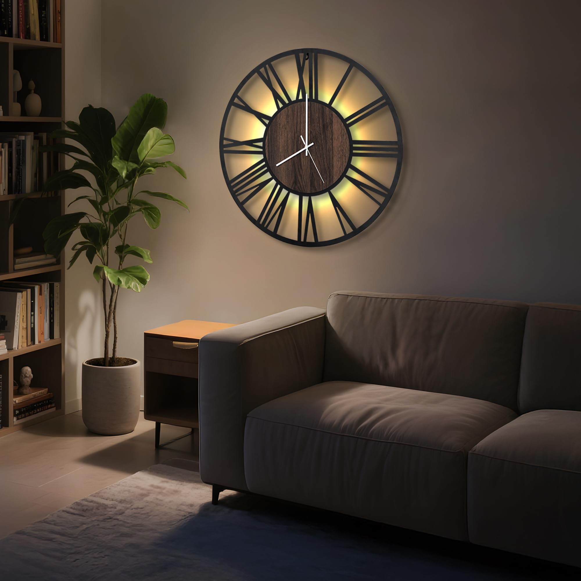 Maxstar 50CM Große Wanduhr Für Wohnzimmer, Batteriebetrieben,Still, Nicht Tickend, Holzstil, Moderne LED-Wanduhr Für Schlafzimmer, Garage, Büro, Esszimmer, Küchendekor (Römische Ziffern, Schwarz-20)