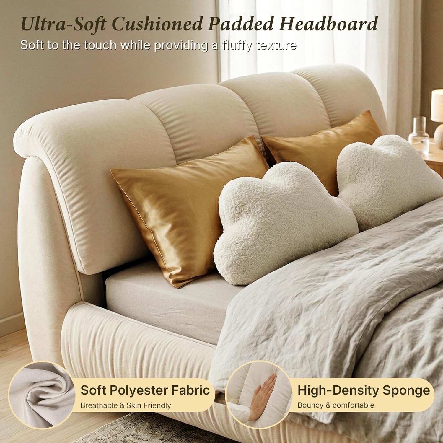 King Size Cloud Bed with Oversized Headboard, Luxury Marshmallow Bed Frame with Pine Wood Slats & Soft Padded Backrest, King Platform Bedframe for Bedroom, Easy Assembly, Beige