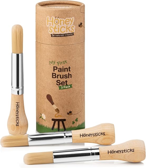 Honeysticks My First Paint Brush Set - 3 Pack. Perfect First Paint Brushes for Baby, Toddler. Jumbo Paint Brushes for Toddlers with a Chubby Wood Handle for Easy Grip. Handy Storage Container. Vegan.