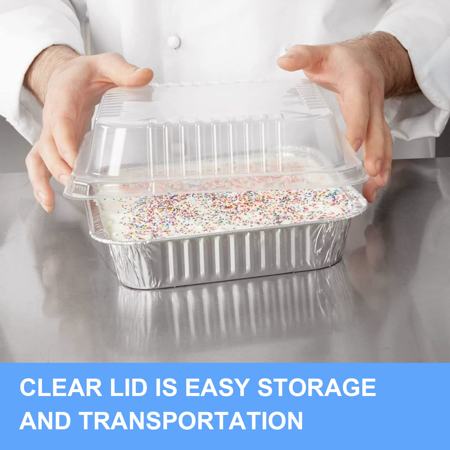 Moldes de aluminio ecológicos y reciclables para hornear con tapas de plástico transparente (8 x 8 pulgadas), bandejas desechables para llevar, cocina, calefacción y preparación de alimentos, paquete