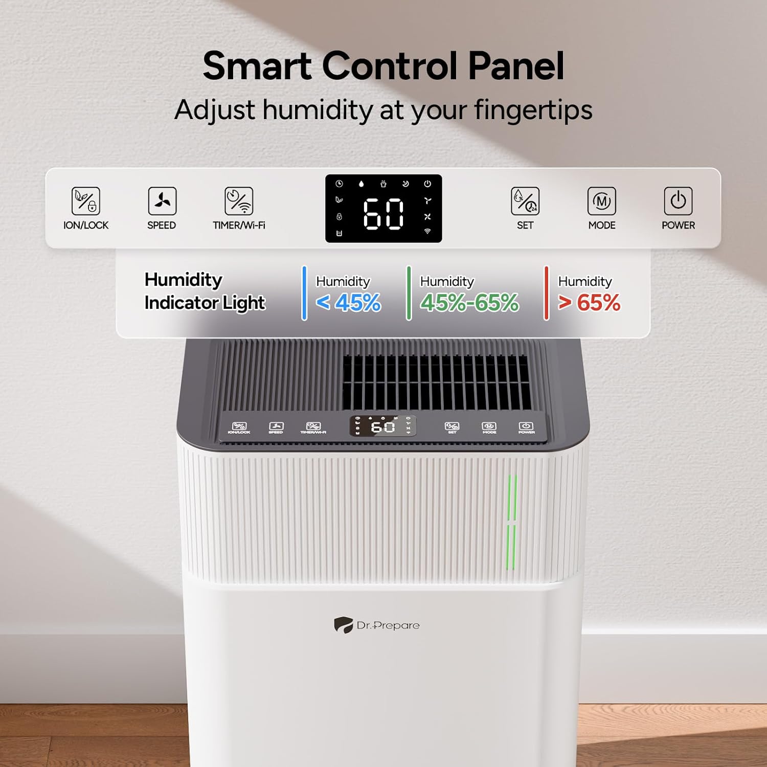 DR.PREPARE 65 Pints/Day Dehumidifier for Home with Drain Hose & 1.19 Gal Bucket, Smart APP Control, for 3000-3800 Sq.Ft Basement, Bedroom, Bathroom, Garage, Large Room, Dry Clothes, 3 Modes, 24H Timer 10 71WHHU HoML. AC SL1500