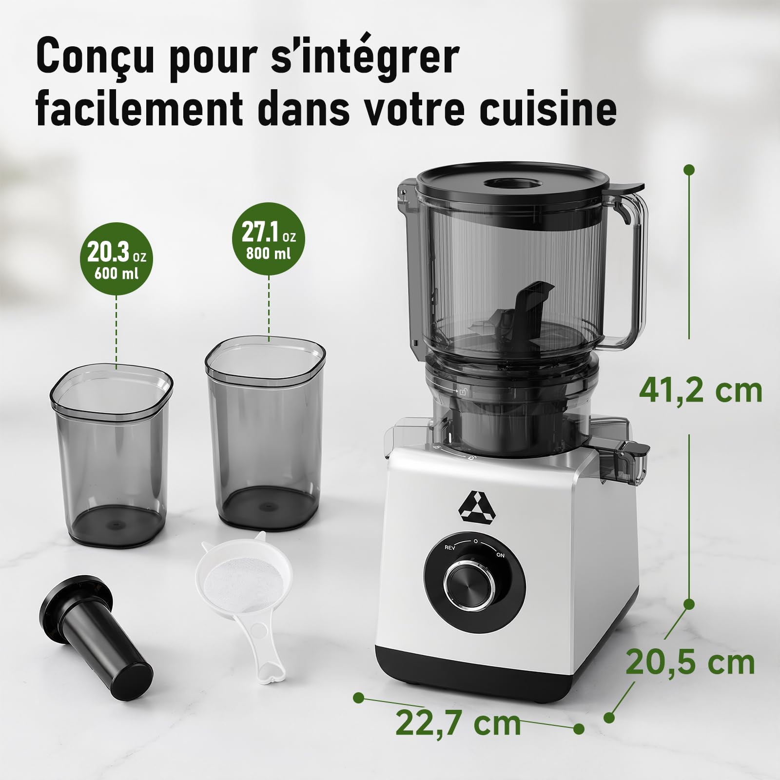 AAOBOSI Extracteur de Jus à Froid 2,5L, Goulotte Extra-Large de 165 mm | pour Fruits et Légumes Entiers, Filtre 3-en-1 (Jus, Sorbets et Boissons Végétales), Rendement Élevé en Jus, Facile à Nettoyer