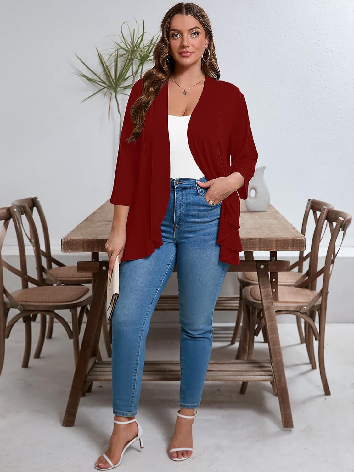 AusLook Women's Plus Size Lightweight Open Front Cardigan 3/4 Sleeve Cover Ups Shrugs Shawls and Wraps Kimono Jacket Coat - Image 4