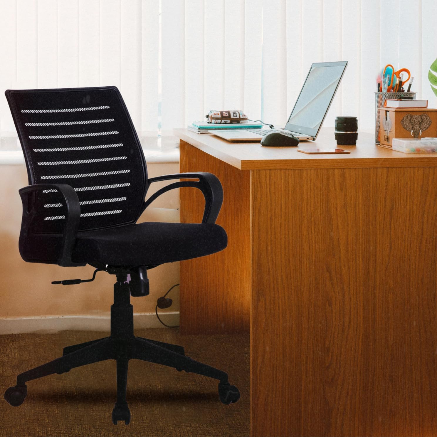 Qurcee Alpine ComfortMax ErgoFlex: Black Medium Back Mesh Chair with 3-Year Warranty Mid Back Office Chair for Work from Home/Study Chair/Revolving Chair [Heavy Duty Nylon Base, Black]