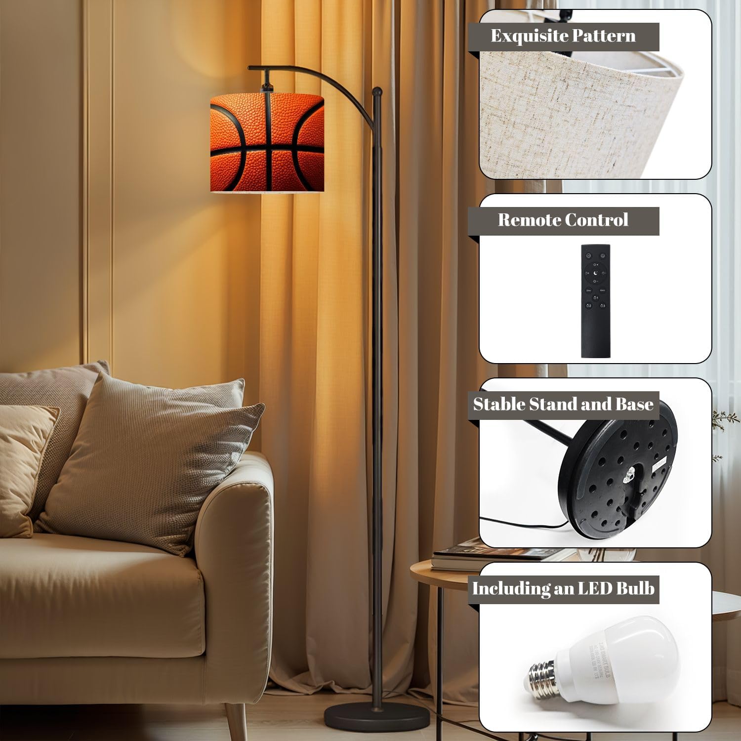 Floor Lamp Close up Leather Basketball Textured Arc Floor Lamp Modern Dimmable Standing Lamps for Living Room Bedroom Office Home Room Decor