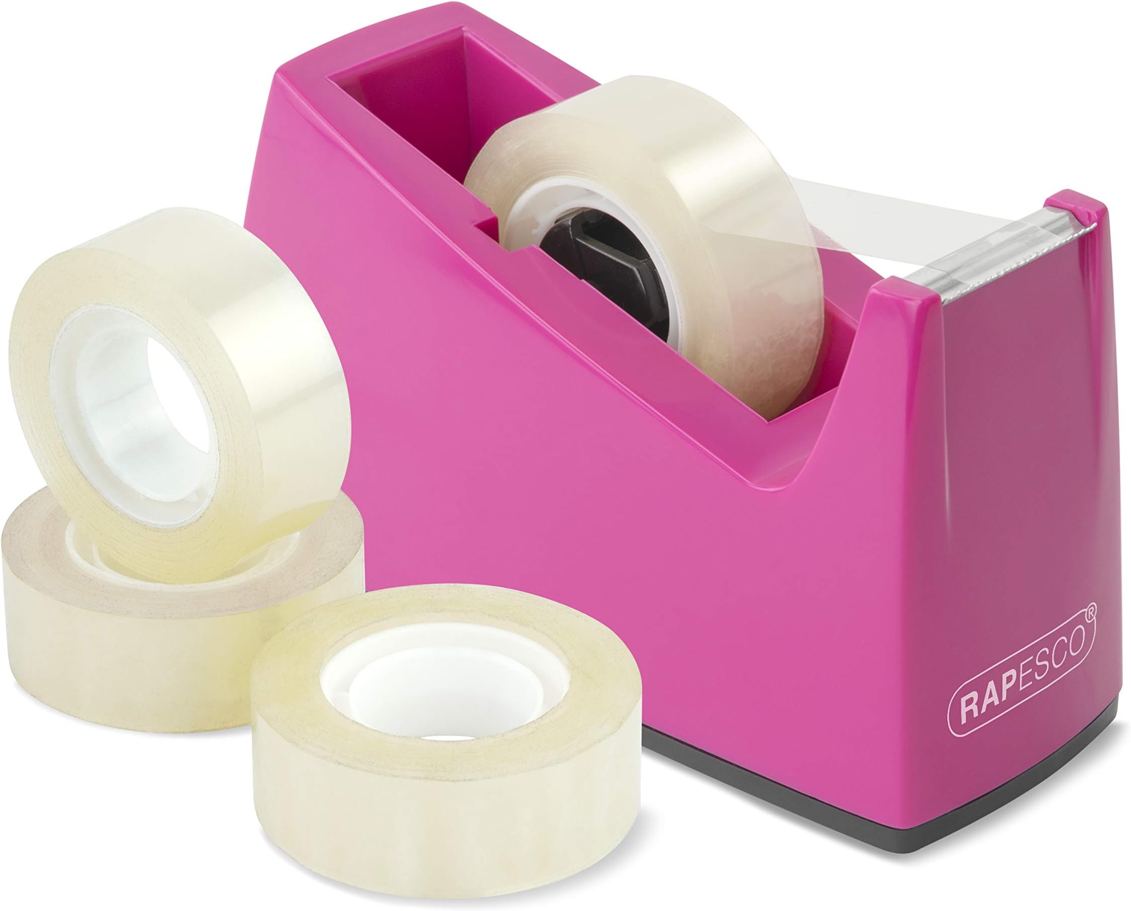 Rapesco 1621 Tape Dispenser 300 for Rolls with 1" (25 mm) Core, Includes 4 Tape Rolls, Hot Pink