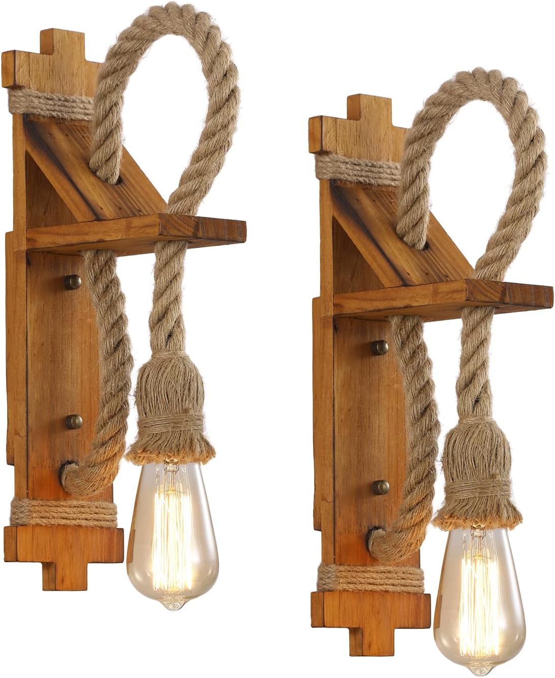 SEEBLEN Wall Sconces Set of Two Farmhouse Wooden Wall Sconce with Natural Hemp Rope,Boho Wall Lamps for Bedroom Beside Living Room Fireplace.