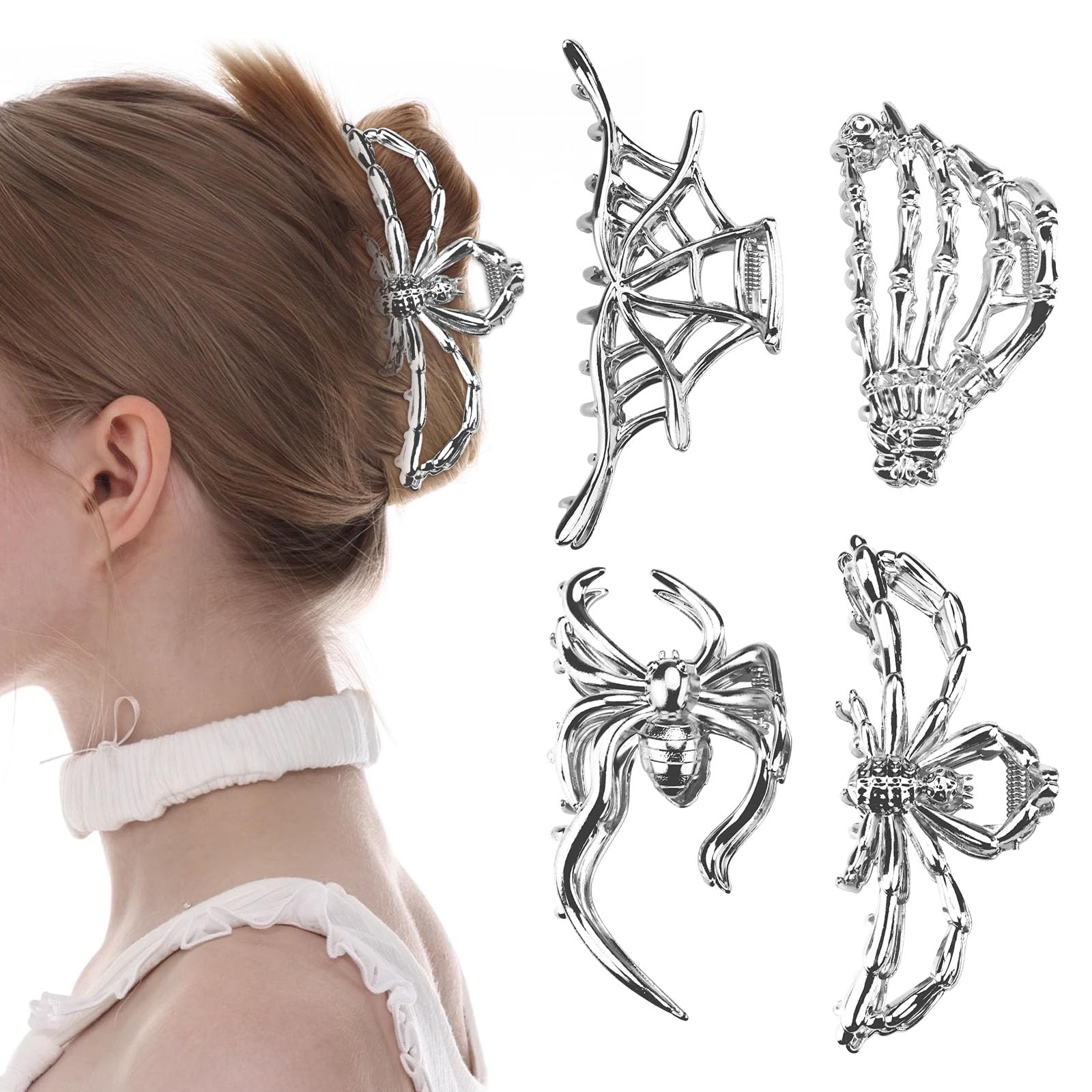 Yitexin 4 Pieces Large Alloy Spider Web Hair Claw Clips, Metal Skeleton Hand Hair Clips, Strong Hold Jaw Clips