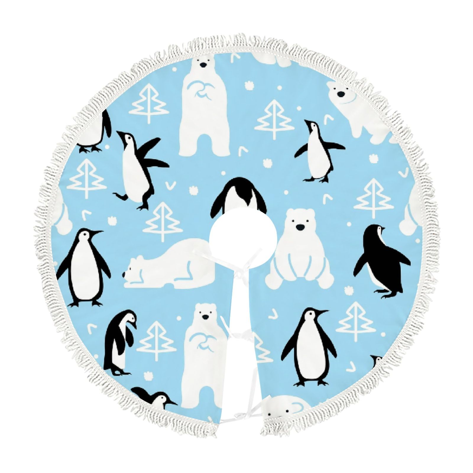 Christmas Tree Skirt Polar Bears Penguins with Tassel 36 inch, Xmas Tree Decorations Farmhouse for All Season Holidays Wedding Party Slim Tree Mat Decor Ornaments