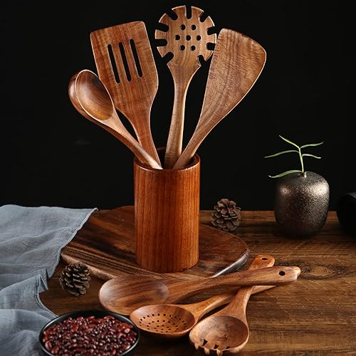 Miniatura 3 de Utensilios de cocina de madera, 8 cucharas de madera de teca natural, espátulas y barril de almacenamiento de madera para sartén antiadherente