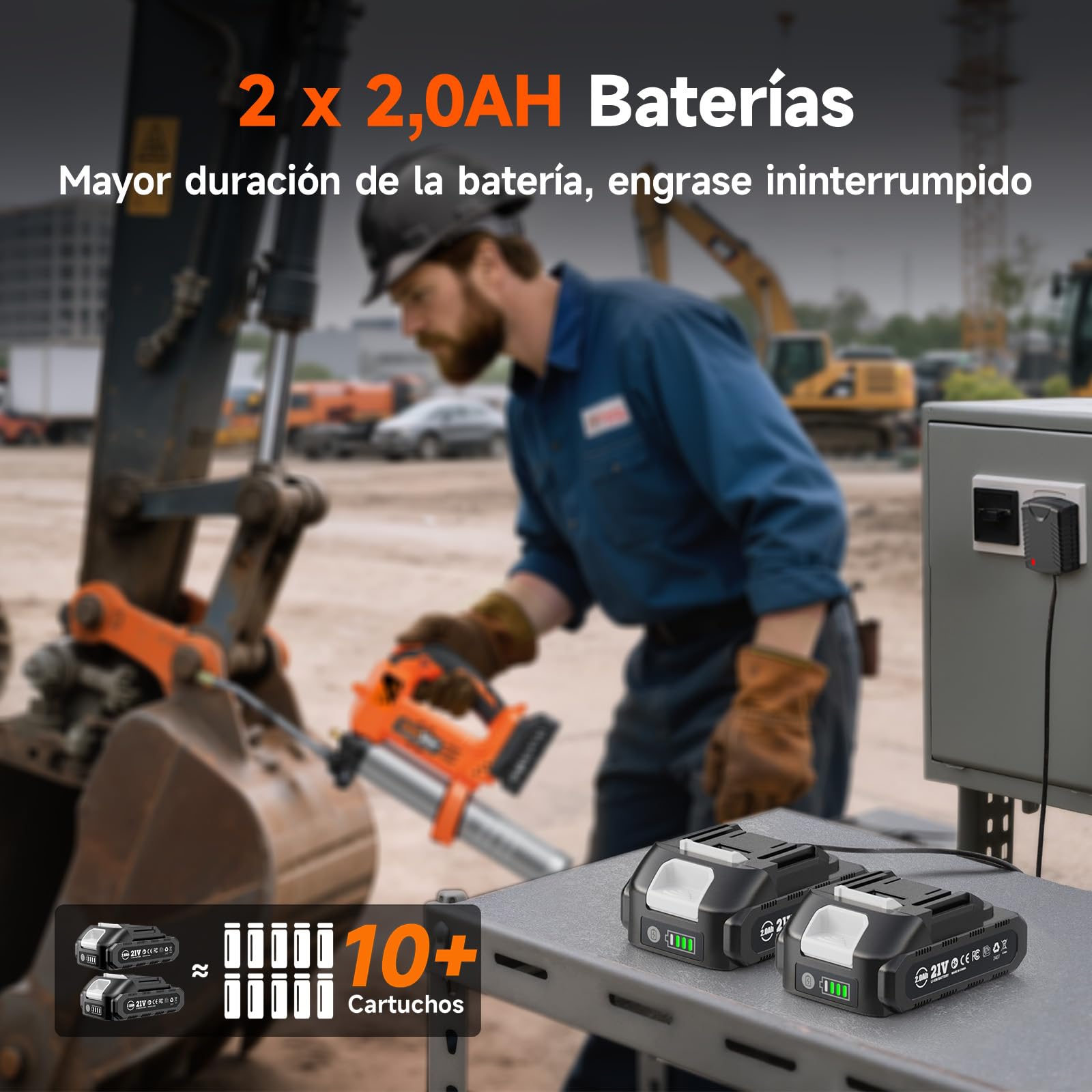 TaskStar Engrasadora a Batería de 10000 PSI: Engrasadora Mejorada con Control Automático del Volumen de Grasa, 2 Baterías *2,0AH, 3 Acopladores - 4,6 oz/min Eficaz para Tractores, Camiones y Máquinas