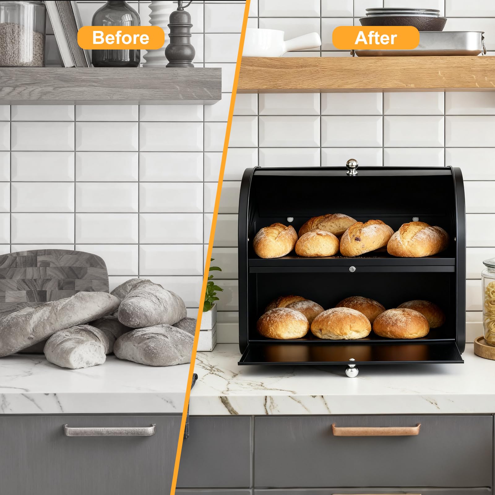 Panera, panera doble para cocina, panera grande con tapa enrollable | esquina | 2 niveles | negro | 35 x 25 x 33 cm