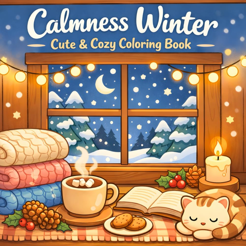 Calmness Winter Cute & Cozy Coloring Book: 50 Designs Easy To Color Peaceful & Calm Scenes | For Adults & Teens | Stress Relieving