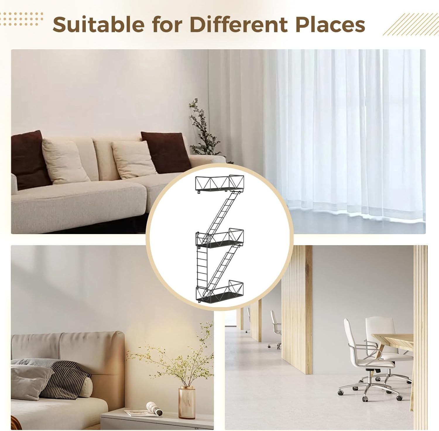 Hanging Ladder Wall Shelf, Black Metal 3-Tier Organizer, Fire Escape Design With Easy Mounting Hardware And Instructions