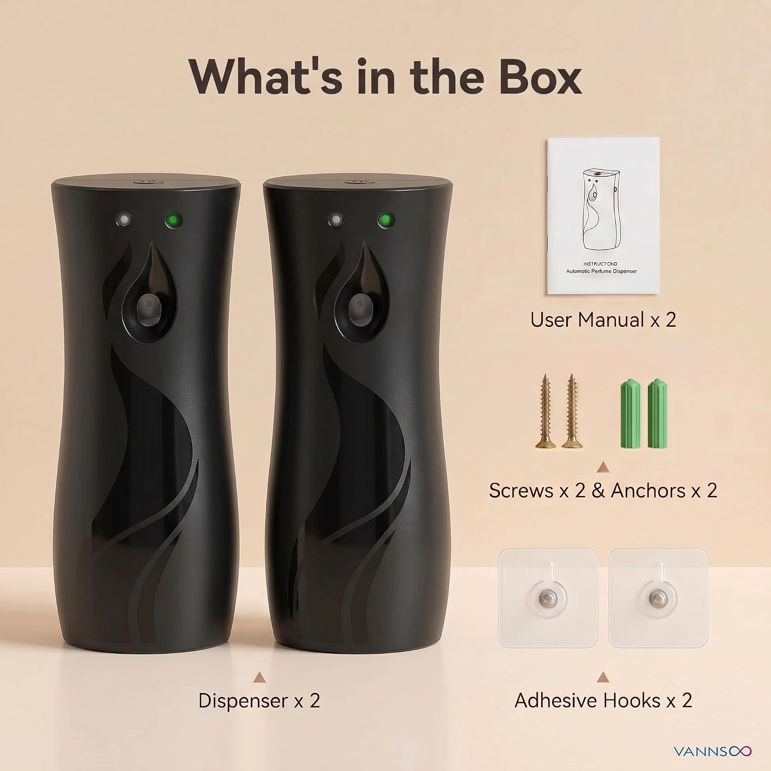 Automatic Air Freshener Spray Dispenser (2-Pack), Wall Mounted & Desktop ABS Plastic Odor Eliminator, Timer & Light Sensor Modes, Battery Operated for Home Bathroom Office Hotel (Black)