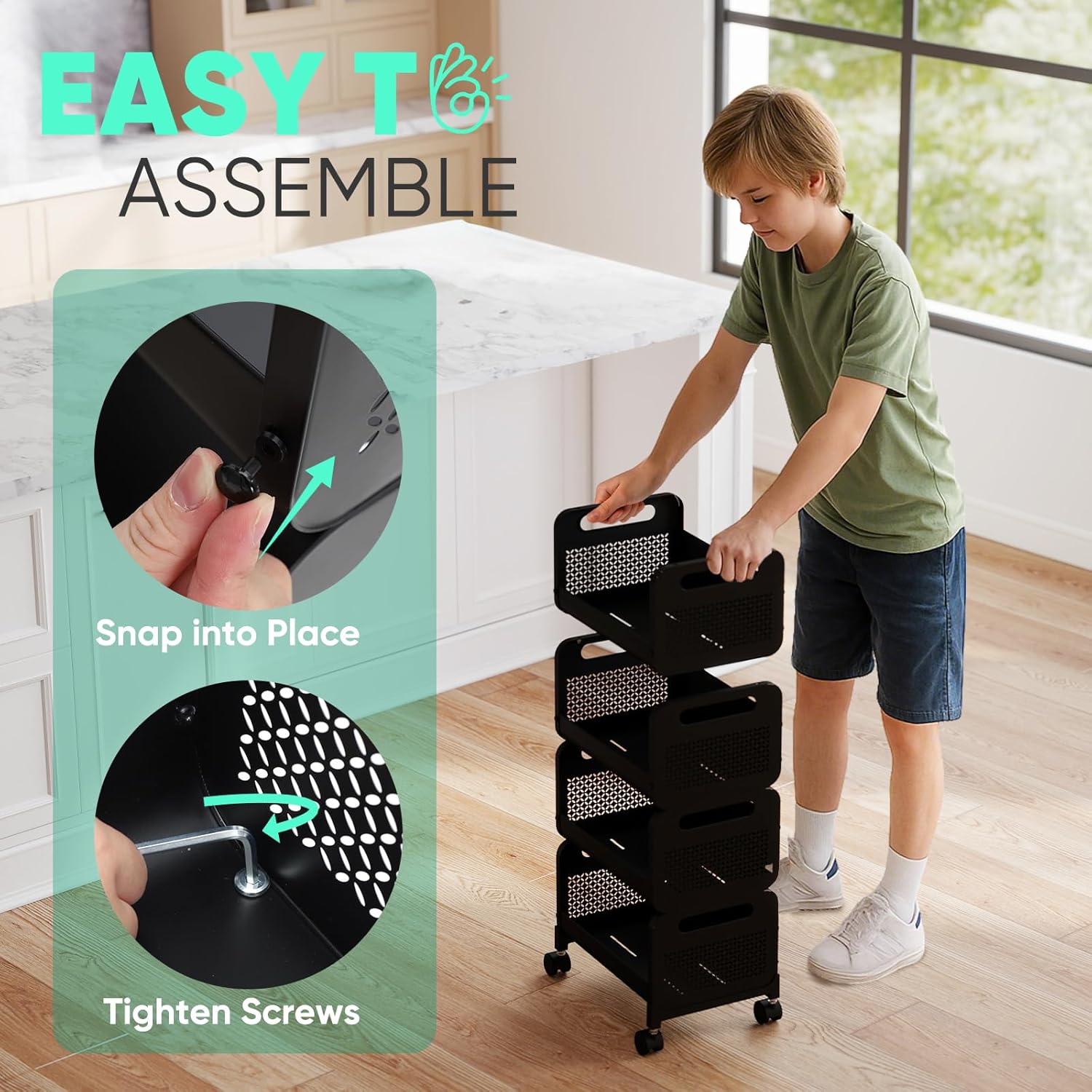 Sekey Fruit Vegetable Basket for Kitchen, 4 Tier Stackable Fruit and Vegetable Storage Cart, Pantry Organizers and Storage, Kitchen Furniture Utility Cart, Snack Rack, Potato and Onion, Black