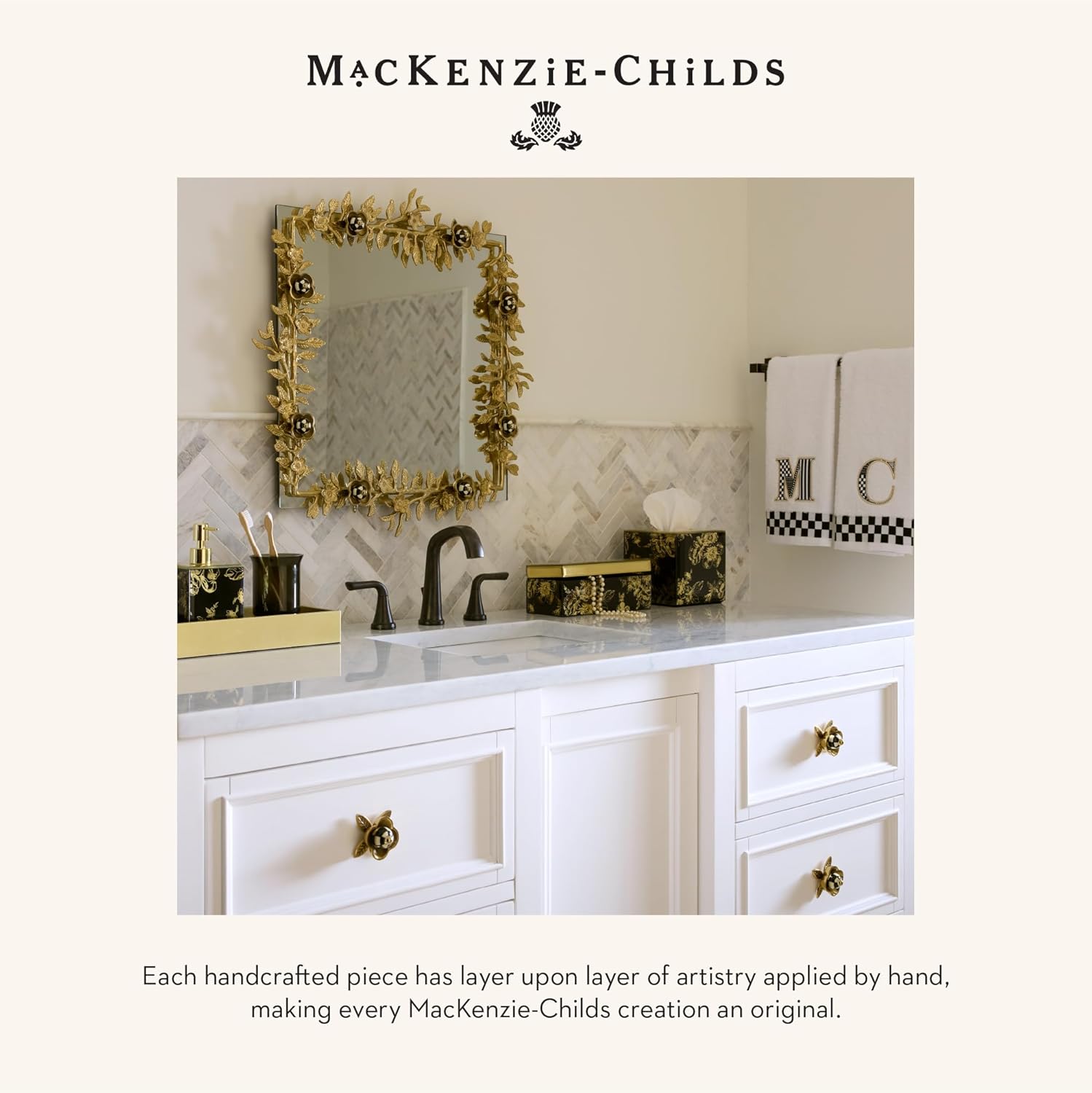 MACKENZIE-CHILDS Petal Knob, Decorative Drawer Pull Knob, Black-and-White Courtly Check