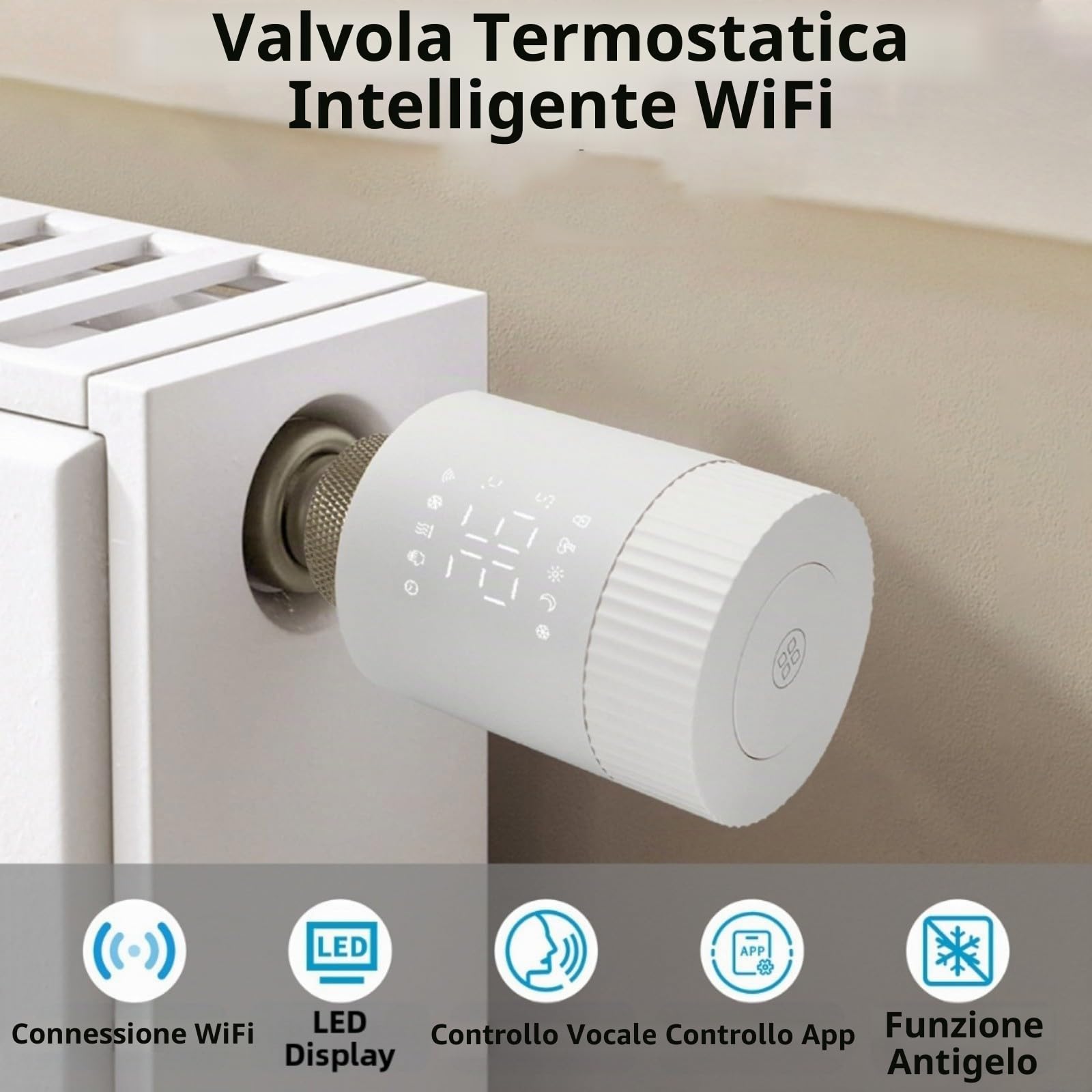 Valvola Termostatica Intelligente WiFi e per Zigbee Programmabile con Controllo Remoto e Comandi Vocali, per Tuya, Modalità Comfort Vacanza Risparmio Energetico(WIFI-Modell)
