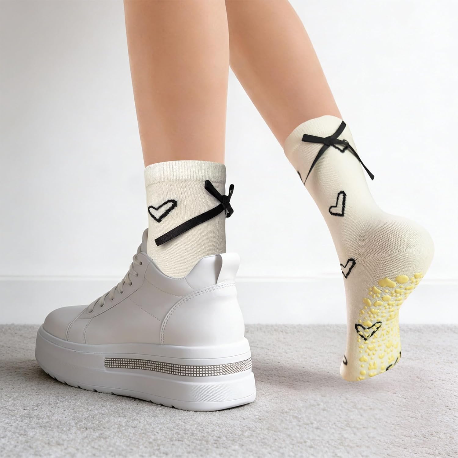 4Pairs Cute Pilates Grip Socks for Women Lace-trimmed Bow Pattern Non Slip Grip Socks for Yoga, Barre, Barefoot - Image 2