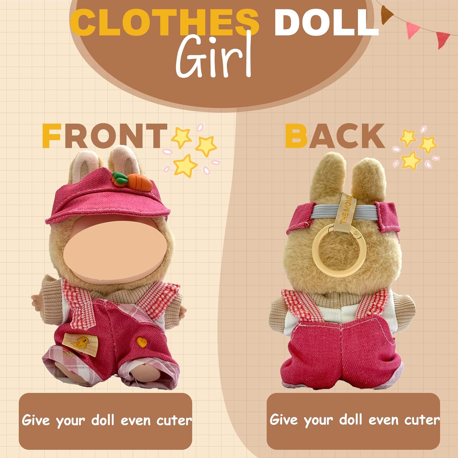for Labubu Clothes/for Labubu Outfits, Cute Sweetheart Doll Outfit with Accessories, T-Shirt +Romper+Carrot Hat
