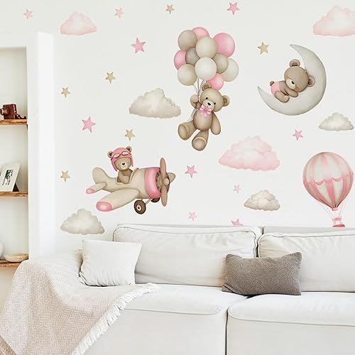 Miniatura 25 de Calcomanías de pared de oso de peluche, calcomanías de pared de animales de dibujos animados, calcomanías de pared con globos, estrellas, luna
