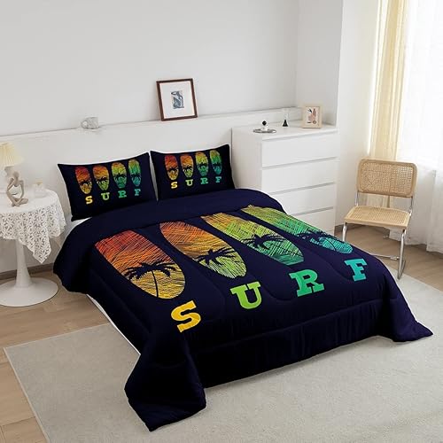 Miniatura 3 de Castle Fairy Juego de edredón de tamaño matrimonial con diseño de patineta de surf, arco iris, cocoteros, colección de dormitorio, color azul