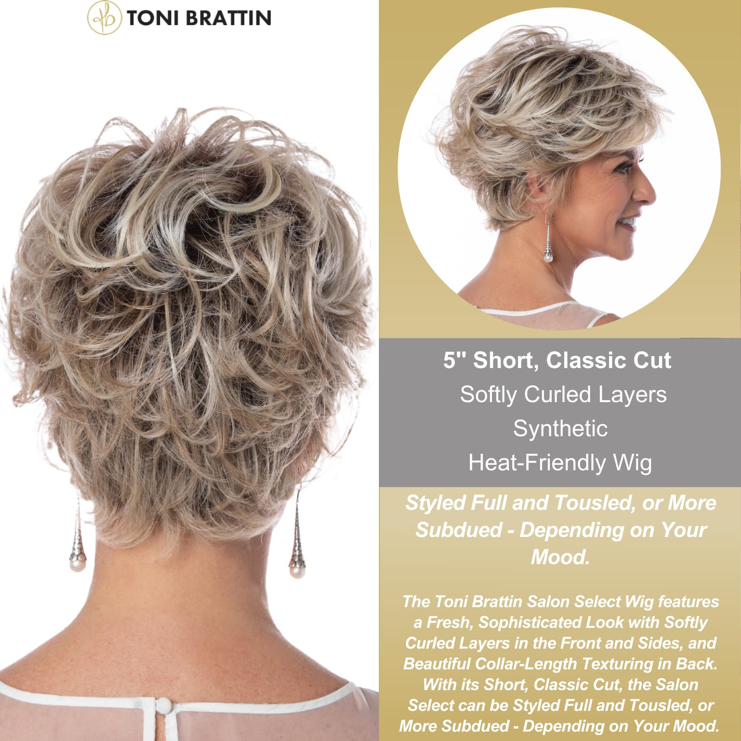 Toni Brattin Salon Select Wig - Short Cut with Curled Layers & Collar-Length Texturing - Heat-Friendly Fiber Looks & Feels like Natural Hair - Adjustable & Comfortable (Black, Regular)