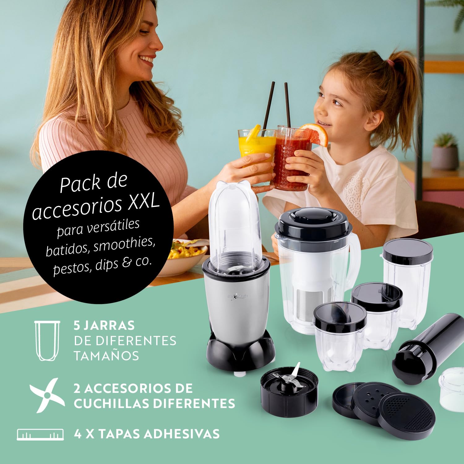GOURMETmaxx Mr. Magic Batidora Con Pack de Accesorios XXL | 18 Piezas | Tapas Herméticas | Procesador de Alimentos Para Batidos, Smoothies y Más