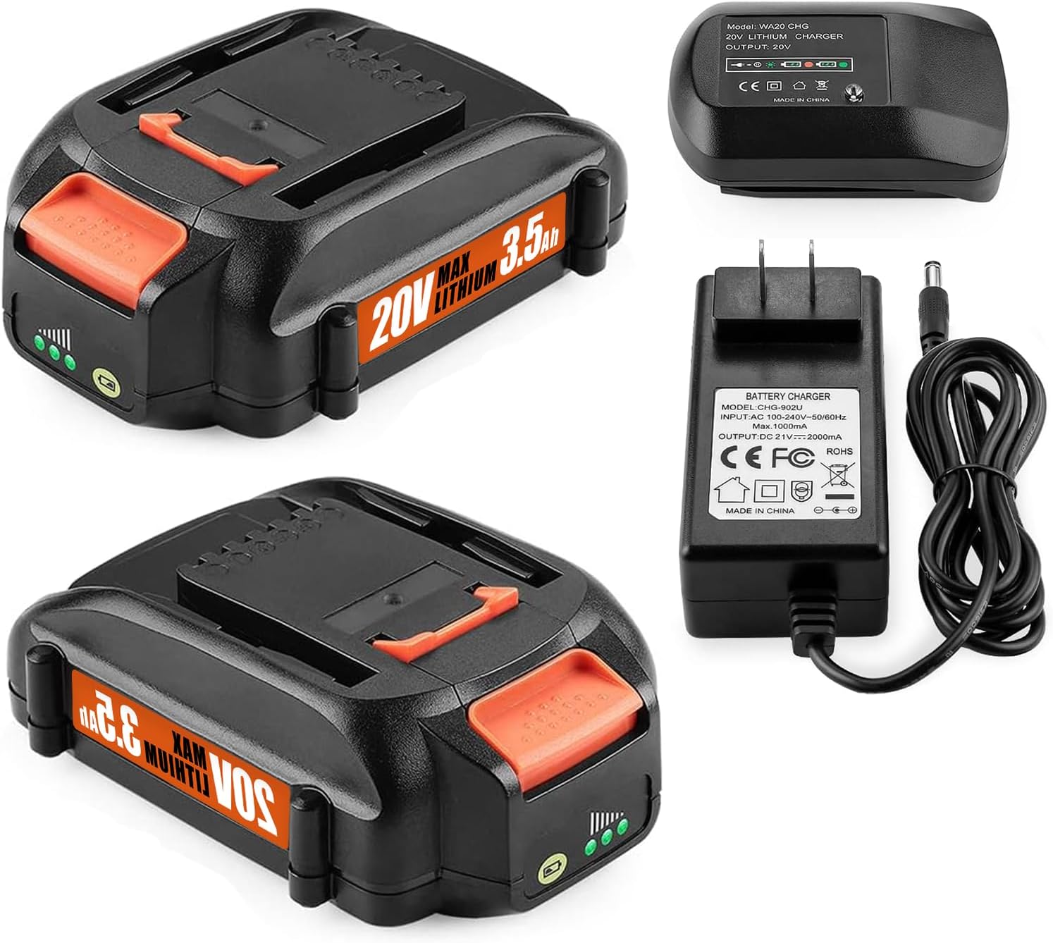 20Volt Replace for Worx 20V Battery and Charger Kit, Compatible with Works 20Volt WA3520 WA3525 WA3575 WG151s WG251s WG540s WG545s WG890 WG891, with Worx 20V Lithium Battery Charger