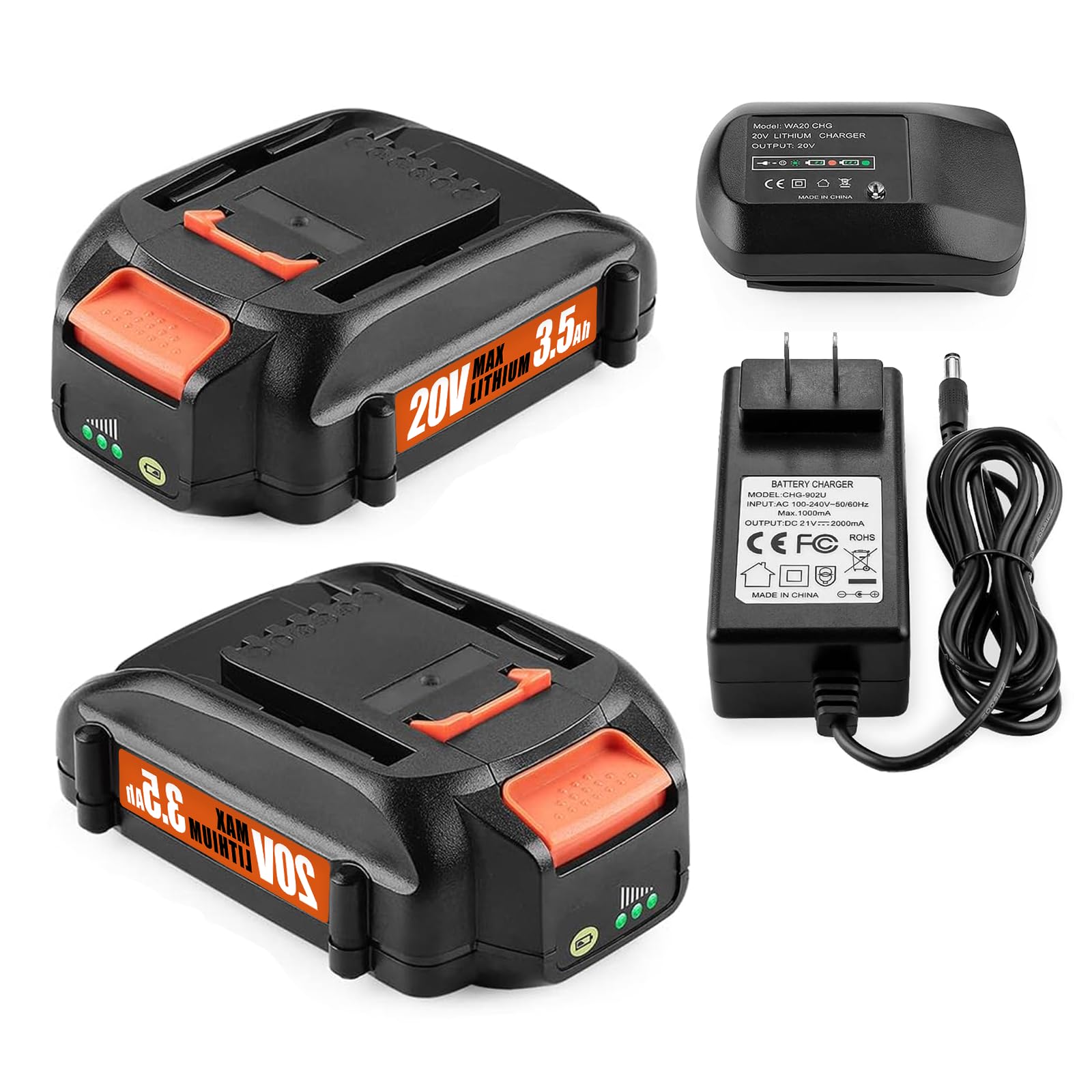 20Volt Replace for Worx 20V Battery and Charger Kit, Compatible with Works 20Volt WA3520 WA3525 WA3575 WG151s WG251s WG540s WG545s WG890 WG891, with Worx 20V Lithium Battery Charger