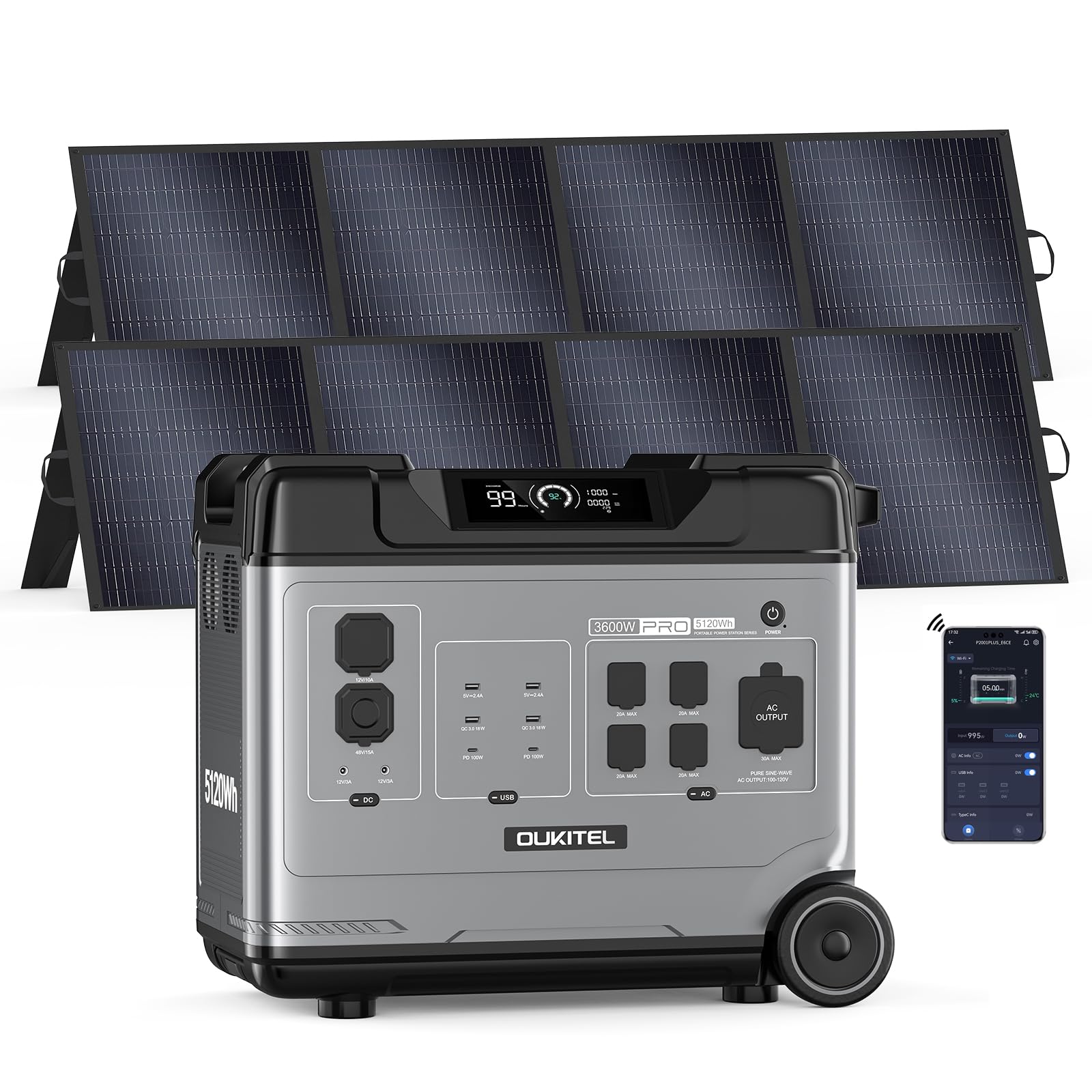OUKITEL P5000 Pro 3600W Solar Generator with 2x200W Panel 5120Wh Solar power station with 5 AC Outlets 6000W