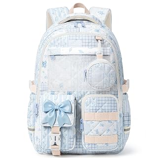 WOBAGMEN Quilted Backpack for Girls with Mesh Display Pocket | Cute Kawaii Floral School Bookbag for Pins, Badges, Plushies, Teen Girls Daily Trave 17.5 (Blue Floral Patchwork, M) - Amazon product rated Grade A