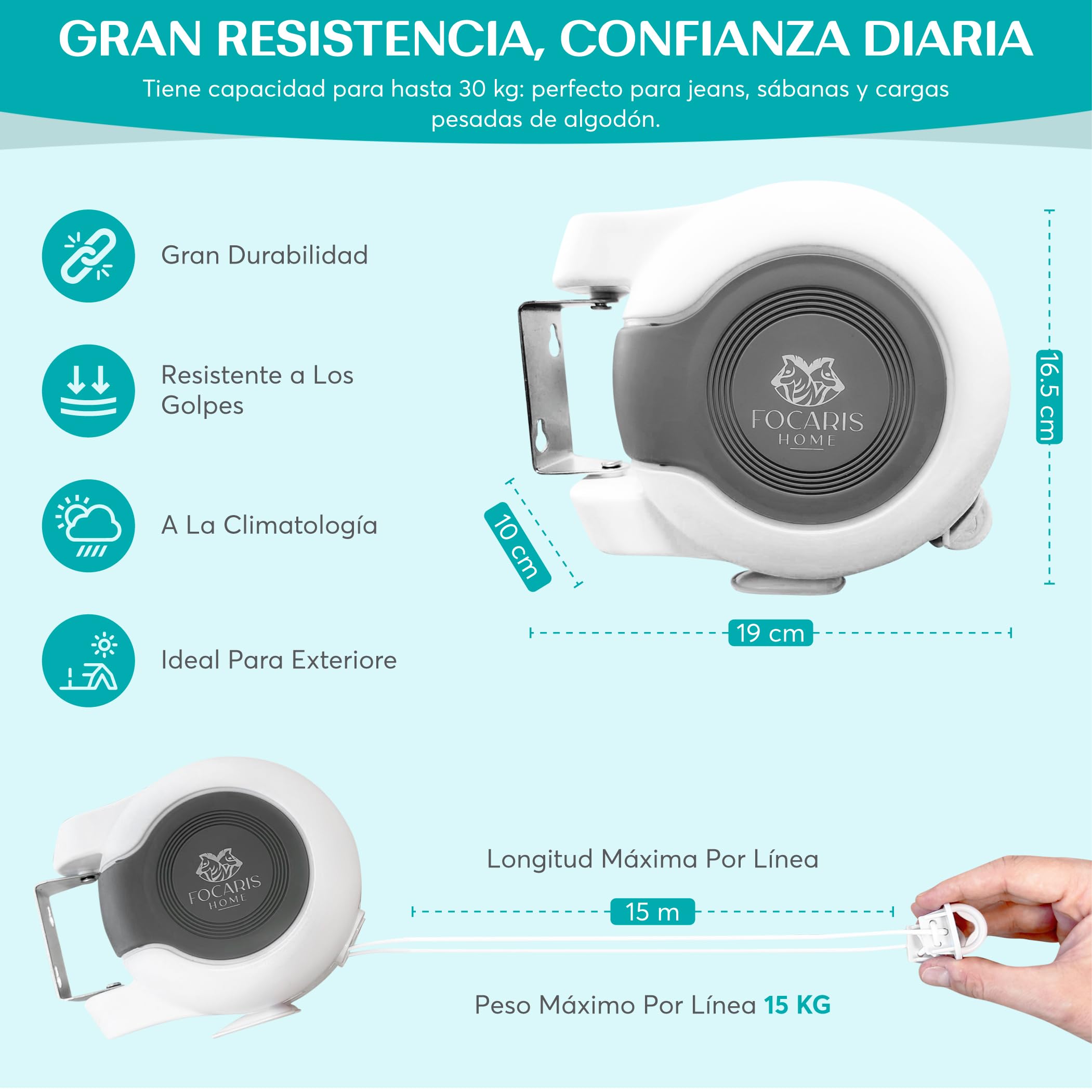 FOCARIS Home Tendedero Extensible Pared Tendedero 30 Metros + 30 kg máx. repartidos en 2 Cuerdas Alta Capacidad secador Ropa Fácil instalación Kit instalación Completo Packaging presentación Regalo