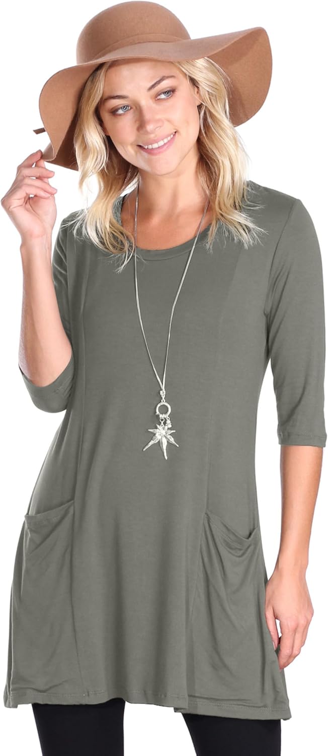 Popana Women’s 3/4 Sleeve Tunic Top – Scoop Neck Long Tunic Shirts to Wear with Leggings with Pockets