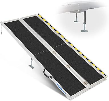 Ruedamann 8FT Portable Wheelchair Ramp, 4-Fold Non-Slip Aluminum Handicap Ramp for Home Entry, Door Threshold Ramps with Support Legs, Stairs, Scooters, 600 LBS Capacity with Handle