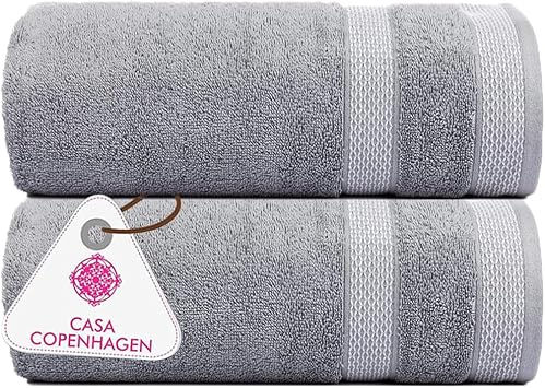 CASA COPENHAGEN Solitaire 2Pcs 100% Egyptian Cotton Large Designer Bathsheet Towels Gift Set- Silver Grey, 600GSM, 35"x70", 2Bath Sheet Towels for Bathroom Set for Women & Men