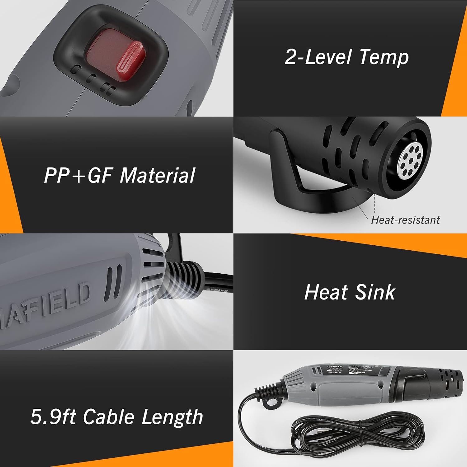 Detailed view of DIAFIELD Mini Heat Gun components and features including 2-level temp, PP+GF material, heat sink, and 5.9ft cable length.