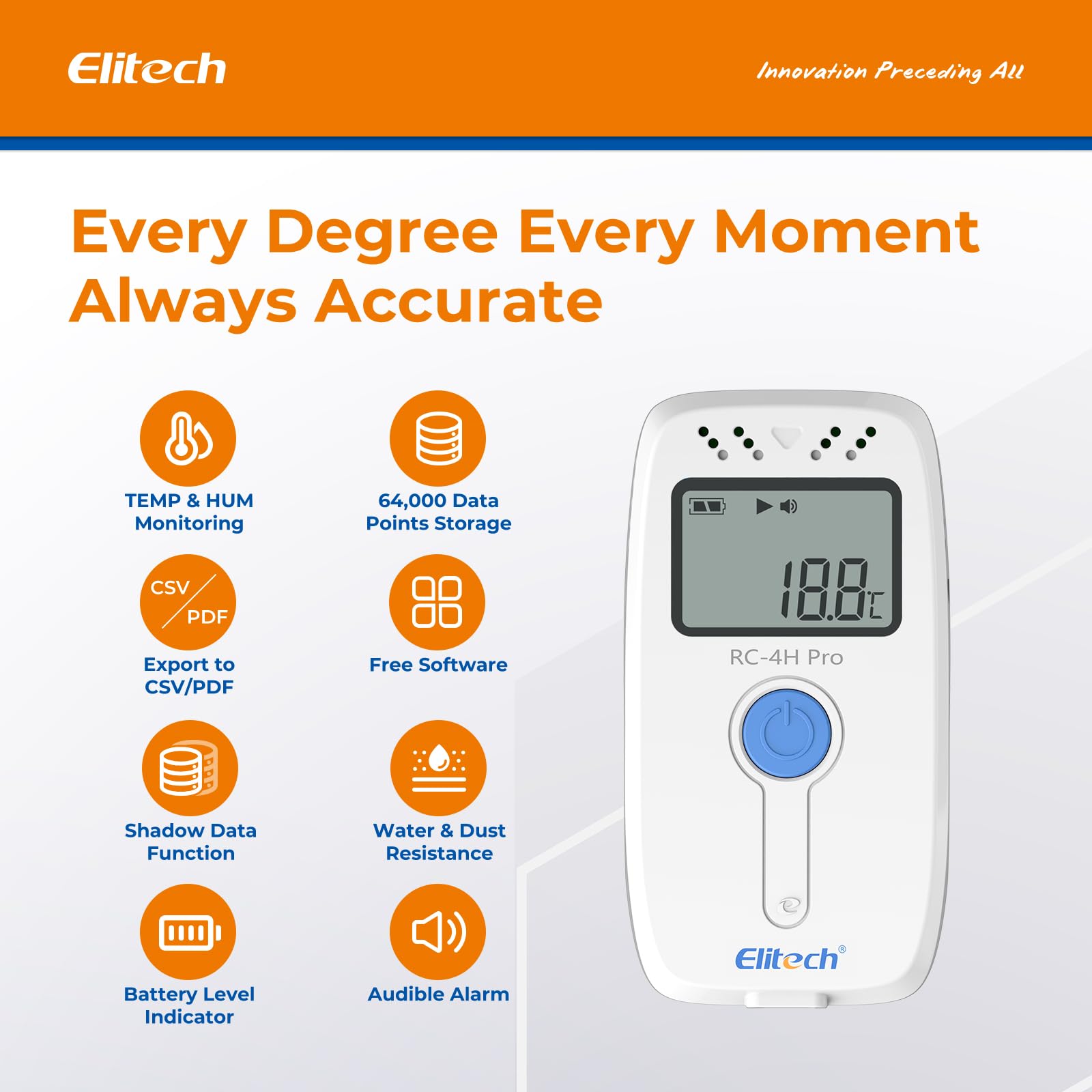 Elitech Rejestrator temperatury i wilgotności RC-4HC, rejestrator temperatury i temperatury, 16000 nagrań, czujnik zewnętrzny, alarm brzęczyka, raport PDF EXCEL, 1 rok żywotności baterii