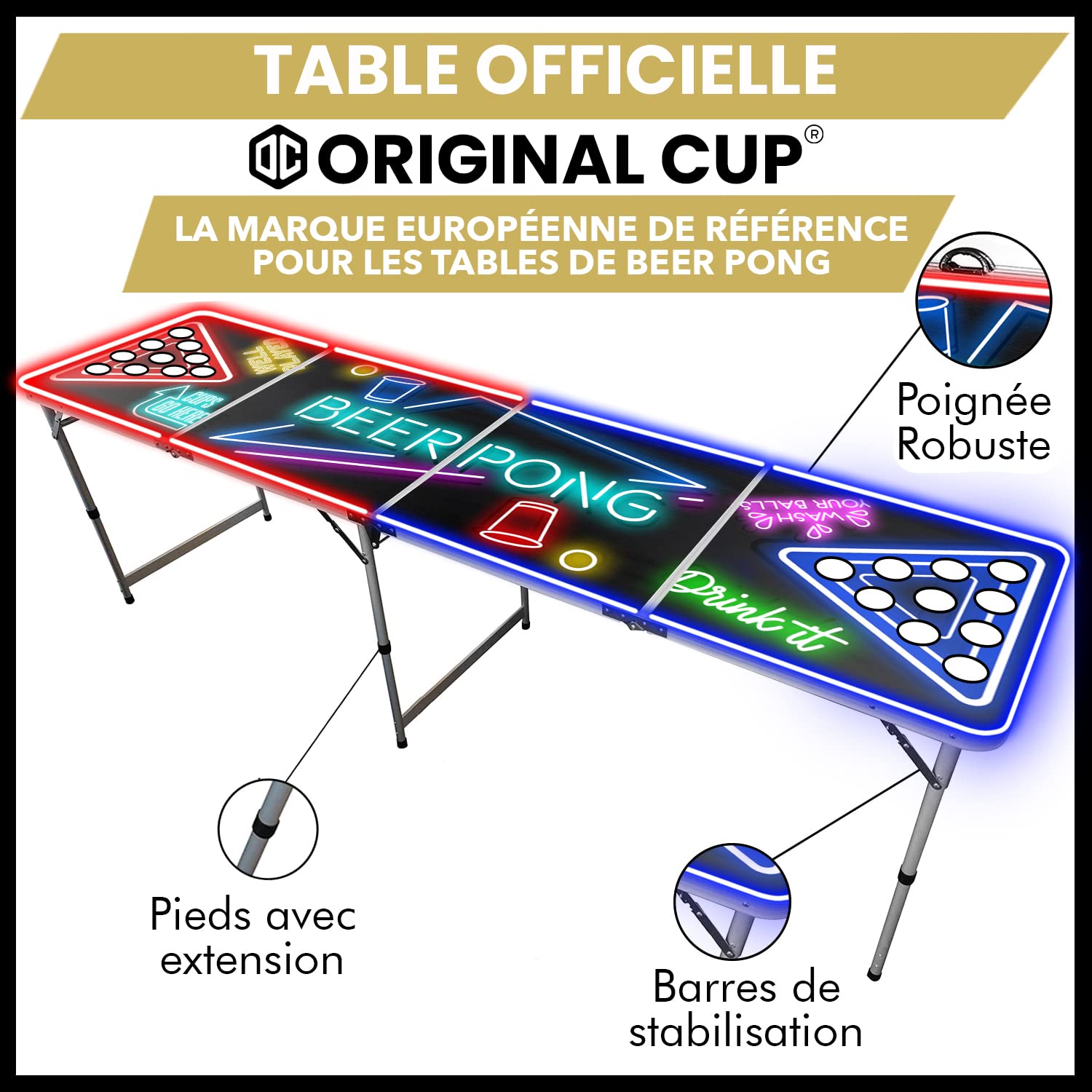 Beer Pong® Table Lumineuse Pliable avec Trous pour Cups - Revêtement Etanche Anti-Rayures - Homologuée Tournois