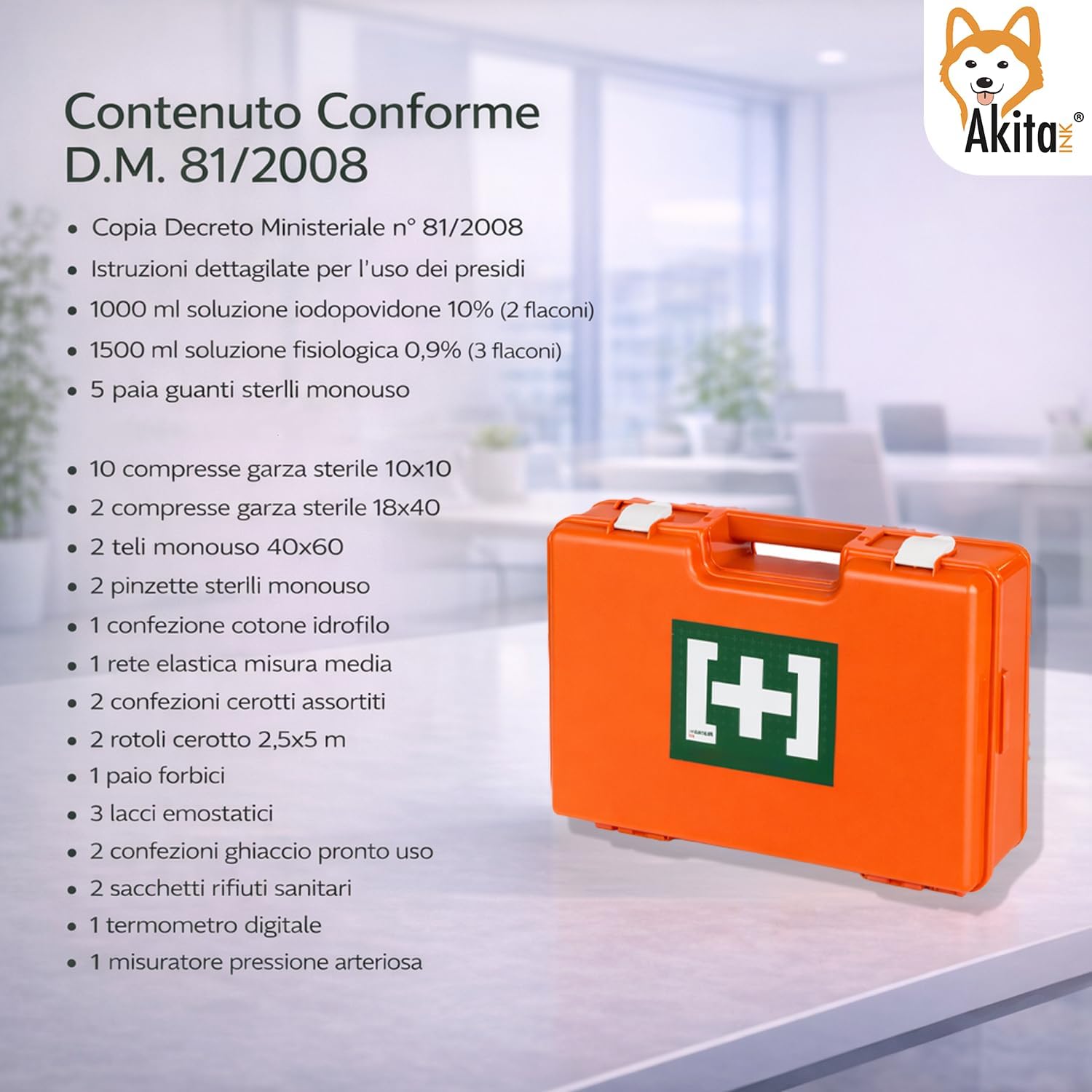 Akitaink Cassetta medica Aziendale, Kit Pronto Soccorso con Misuratore di Pressione, Staffa di primo soccorso: Conforme DM 388 Allegato 1 per Gruppi con 3 o più Lavoratori, Made in Italy