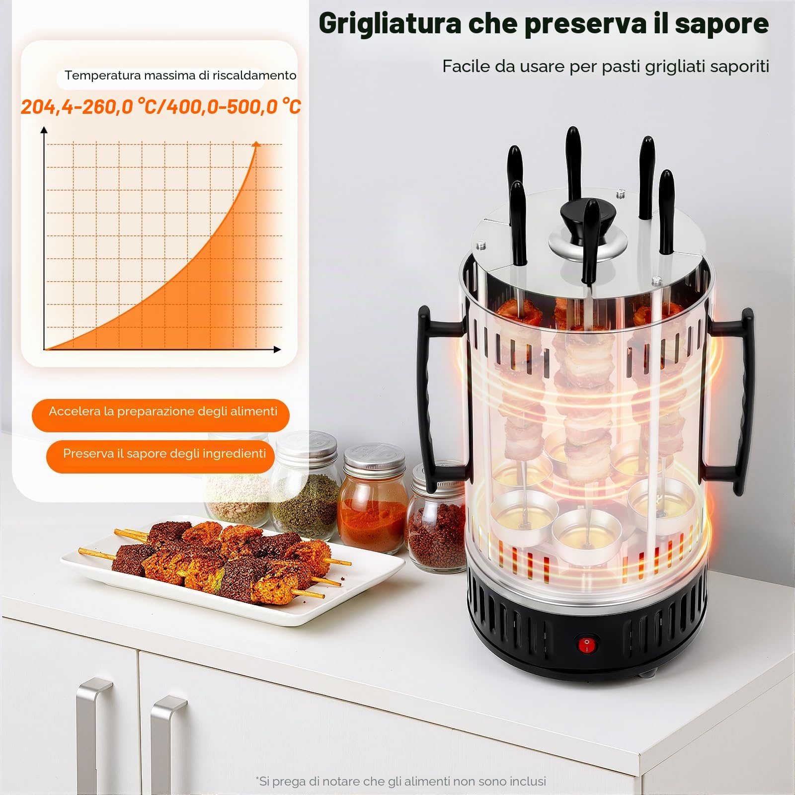 Barbecue per kebab elettrico verticale da 1000 W con 6 spiedini da girarrosto in acciaio inox senza fumo Barbecue per pollo allo spiedo 500 °C Barbecue da tavolo Barbecue verticale per la casa e il