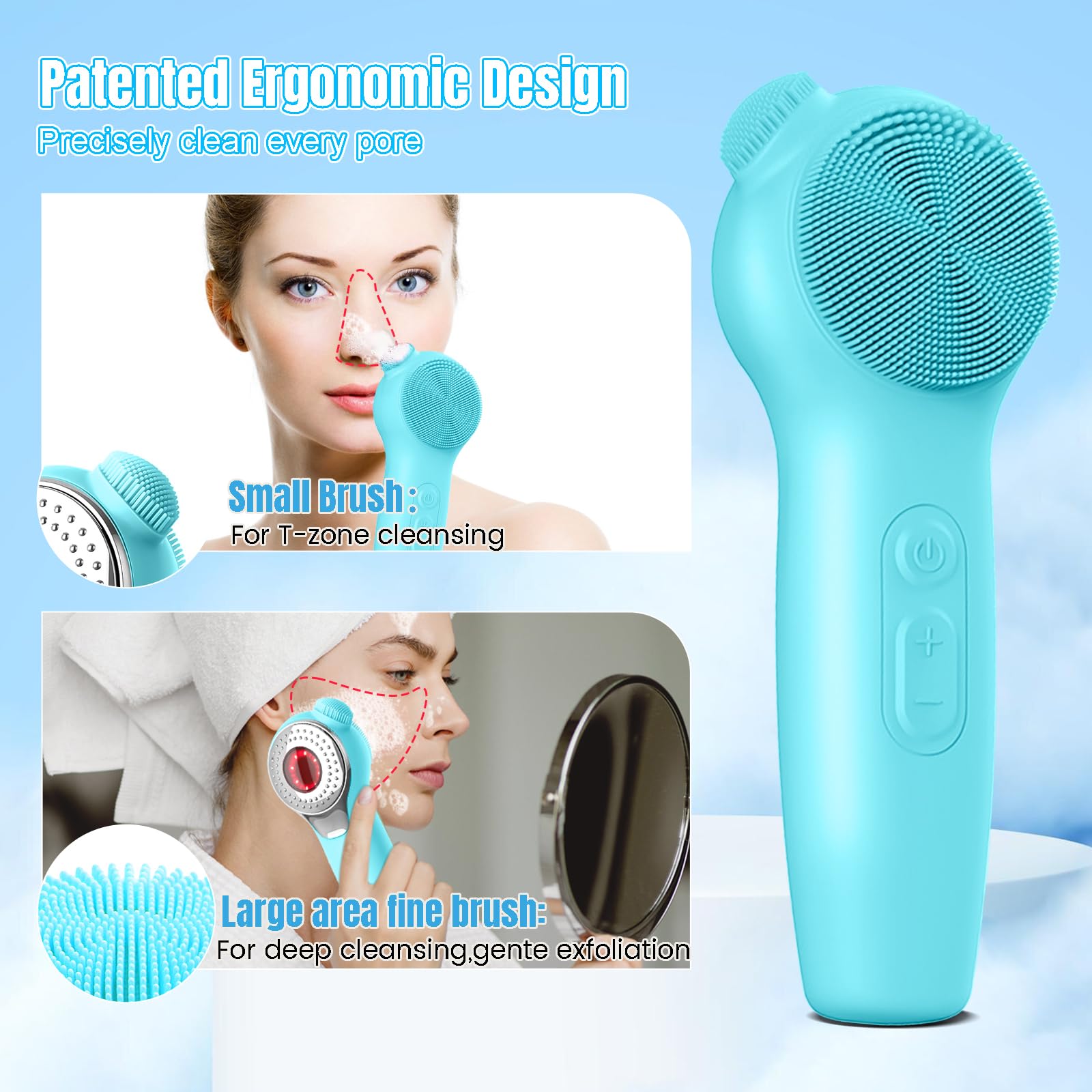 Landmore Limpiador facial de silicona, cepillo de limpieza facial impermeable con masaje térmico de luz roja, limpiador facial eléctrico con exfoliante de nariz para mujeres/hombres, limpieza