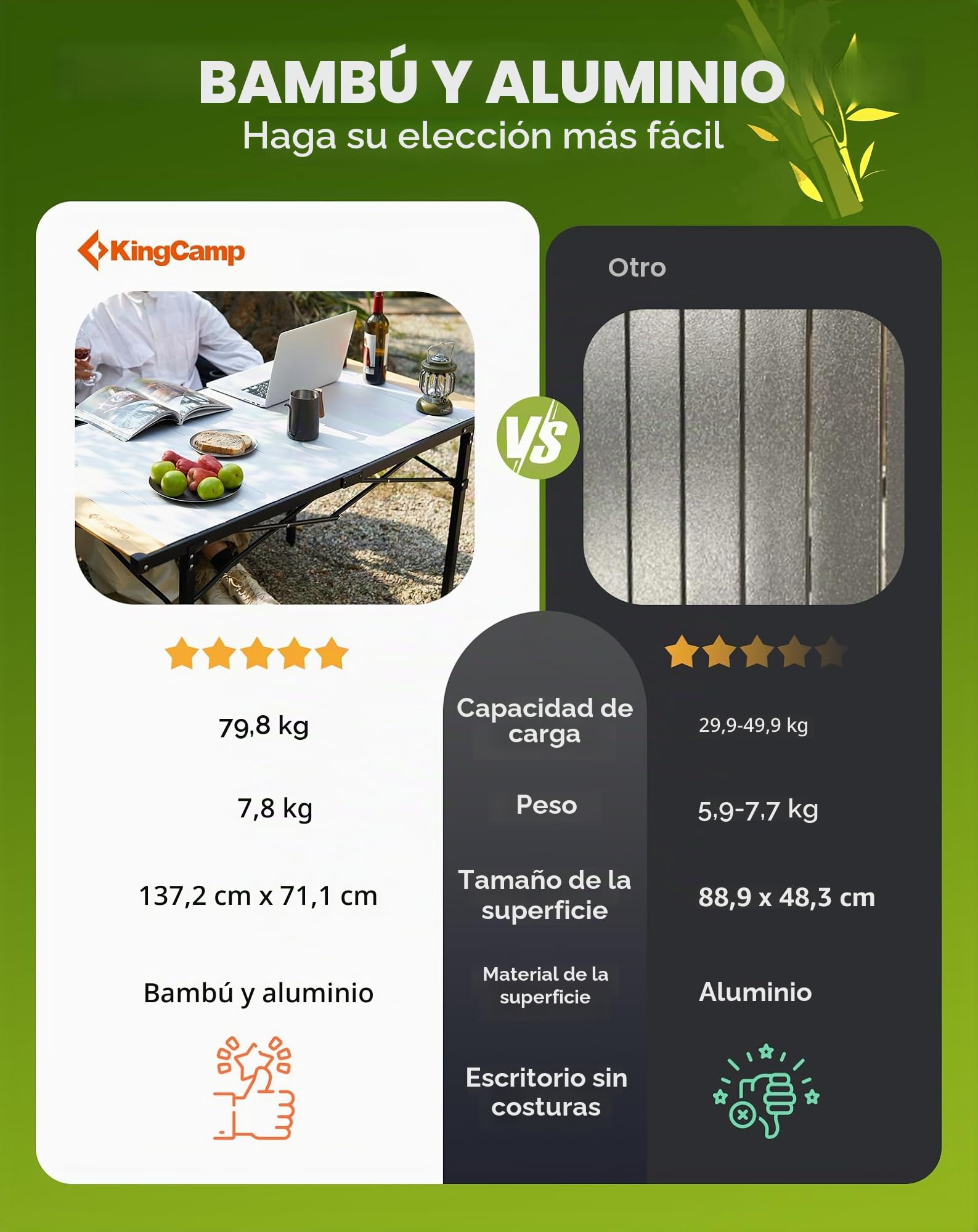 KingCamp - Mesa de camping plegable con marco de aluminio - Superficie enrollable (136 x 70 cm) para 4 a 6 personas - Mesa de camping plegable con bolsa de transporte - Carga máxima: 80 kg - Plateado