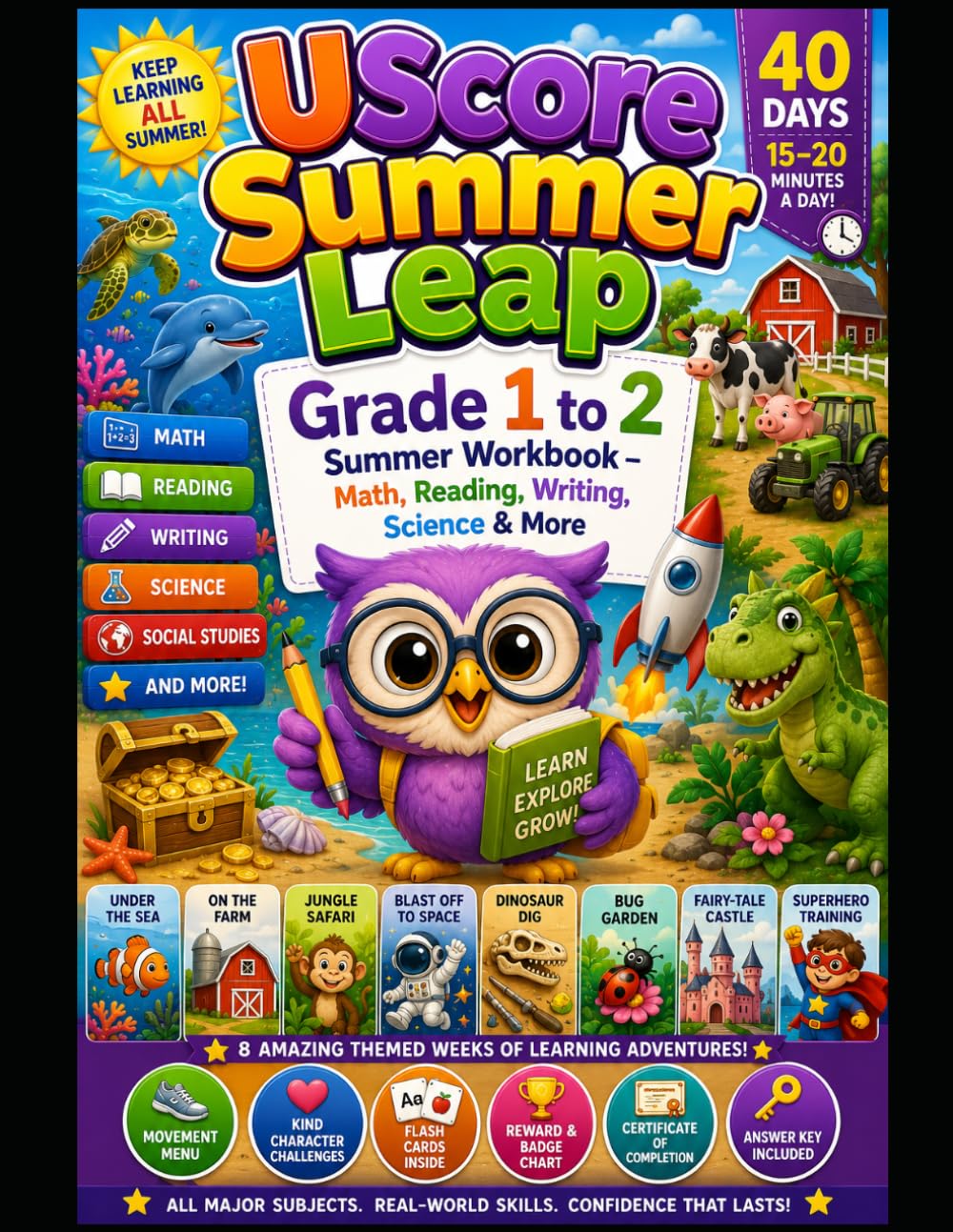 UScore Summer Leap: Grade 1 to 2 Summer Workbook - Math, Reading, Writing, Science & More