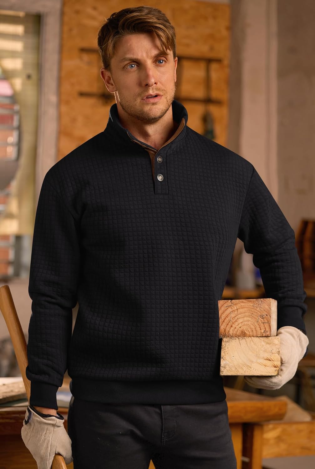 Man Casual Western Shirts Long Sleeve Cozy Pullover Quarter Thick Ribbed Corduroy Winter Stand Collar Fluff Heavyweight Classic Warm Color Block Elbow Patches Sweater Black - Waffle M - Image 7