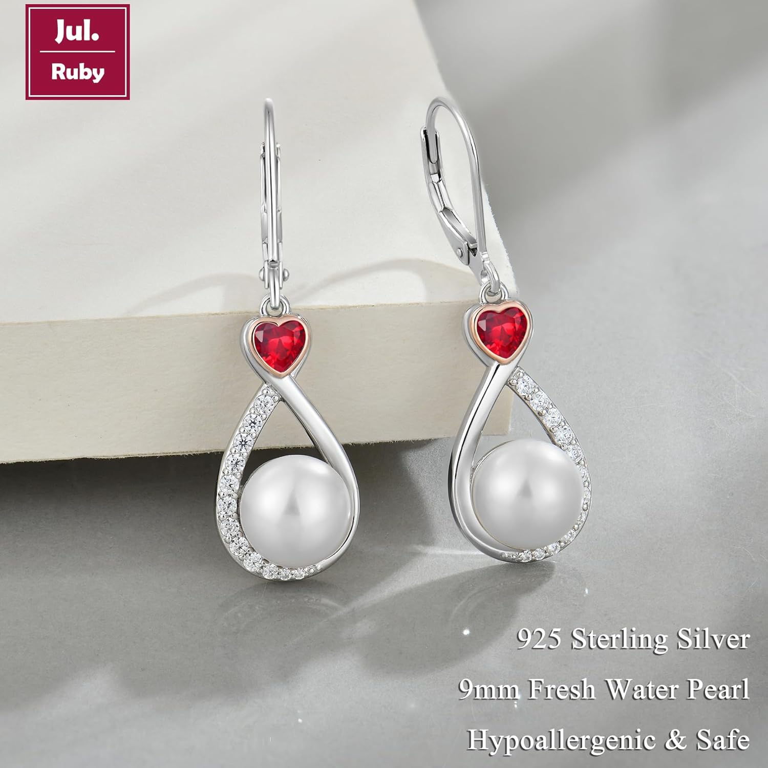 Heart Birthstone Pearl Earrings, 925 Sterling Silver Infinity Dangle Drop Leverback Earrings, 9mm Freshwater Cultured Pearl & 4mm Gemstone Jewelry Valentine's Day Gift for Women - Image 2