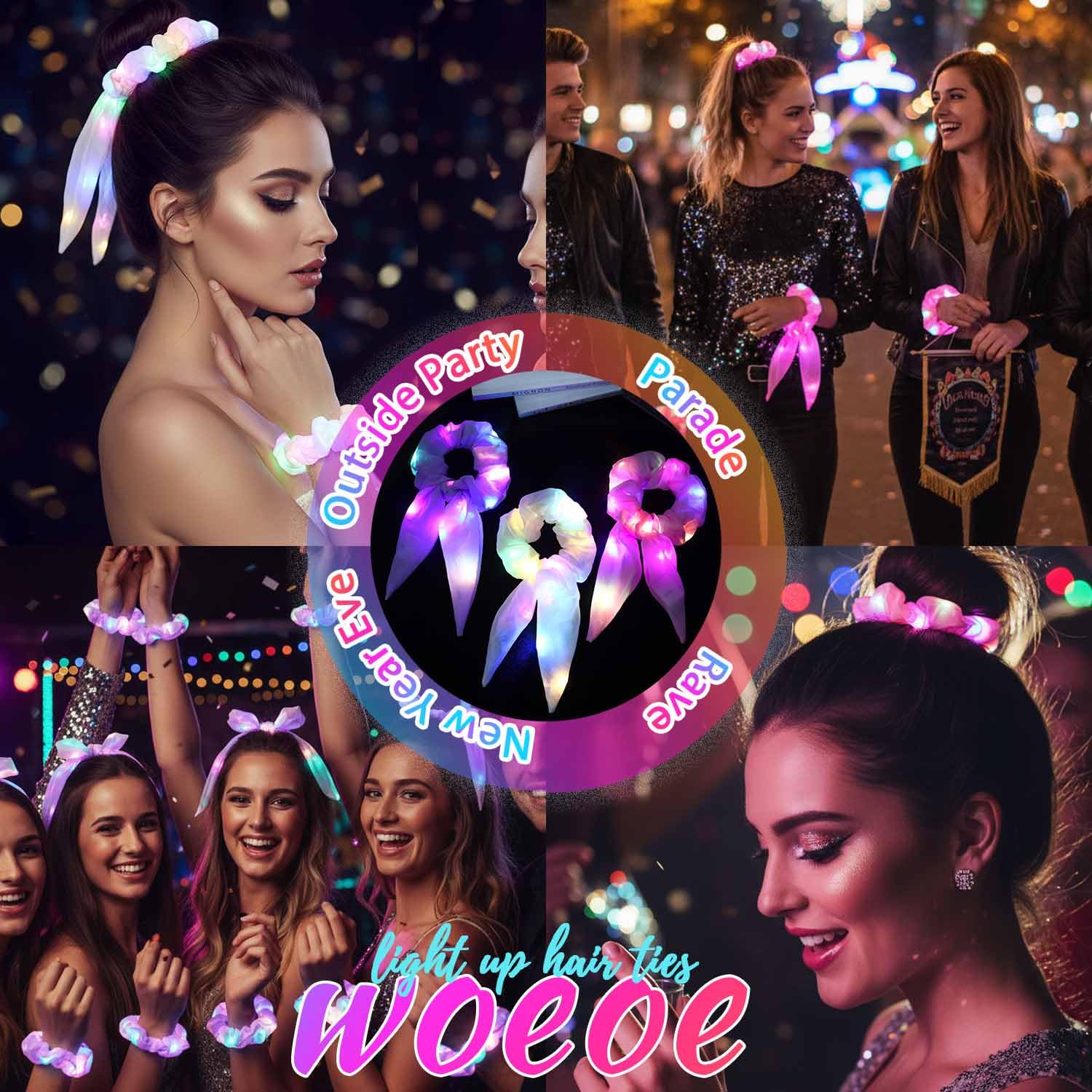 Woeoe Light Up Scrunchies, Polytail LED Hair Ties Glow in the Dark Party Favor Hair Accessroies for Women - Image 3